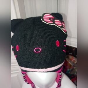 Hello Kitty girl knit beanie ear flap cap w Embroidered face and braided tassels